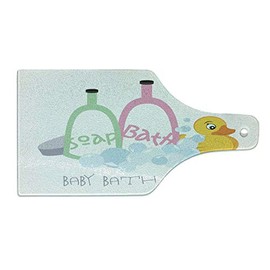 Lunarable Duckies Cutting Board, Soap Bottles with Rubber Bath Animal Illustration Cartoon Style Bath Time Print, Decorative Tempered Glass Cutting and Serving Board, Wine Bottle Shape, Multicolor