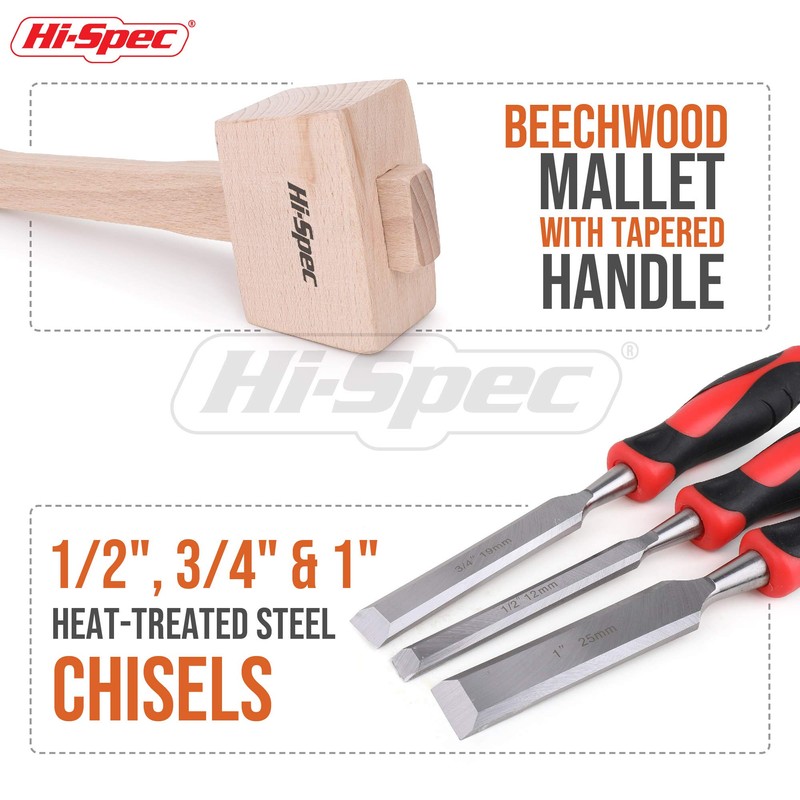 Hi-Spec Wood Chisel Set with Wooden Hammer, Comprehensive Set with