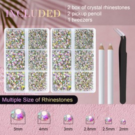 Canvalite 2 Boxes AB Crystal Rhinestones for Crafts, Glass Nail Gems Flatback Rhinestones for Nails Crafting Makeup, 6 Sizes 6300Pcs Nail Rhinestones with Wax Pen and Tweezers Nail Rhinestones Kit