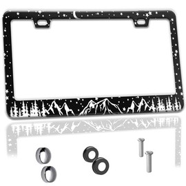 Star Moon Moutain License Plate Frame Cute Funny Black Aluminum License Plate Holder Car Tags Decorative Car Accessories with Screws for Women Men Fit Standard Us Canada Vehicles 12.3x6.3 inch