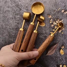 Gold Stainless Steel Measuring Cups and Spoons Set with Wooden Handles – 8-Piece Baking & Coffee Measuring Tool Kit for Kitchen Accuracy
