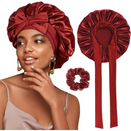 1 x Satin Night Cap Silk Hat for Women Head Size Adjustable for Curly Natural Hair (Red)