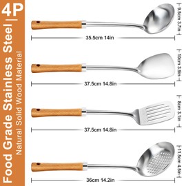 Pleafind Cooking Utensils Set - Stainless Steel Kitchen Utensils Set with Wooden Handle, 4 Pcs Utensils Set Include Wok Ladle, Slotted Spoon, Wok Spatula and Slotted Spatula