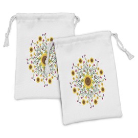 Lunarable Yellow Mandala Fabric Pouch Set of 2, Round Motif with Wild Spring Blooms and Sunflowers Botanical Swirls Corsage, Small Drawstring Bag for Toiletries Masks and Favors, 9" x 6", Multicolor