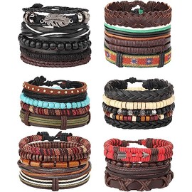 COOLKITALENT 26 Piezas Tejidas Pulsera de Cuero Trenzado para Hombres Mujeres Cordones de Cáñamo Cuentas de Madera Brazaletes de Puño Ajustable