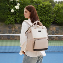 LOVEVOOK Laptop Backpack for Women with Giant Tumbler Holder Pocket, 15.6 inch Travel Work Backpack Purse for Nurse Teacher, Waterproof School Bag College Bookbag Cute Casual Daypack for Girls Beige