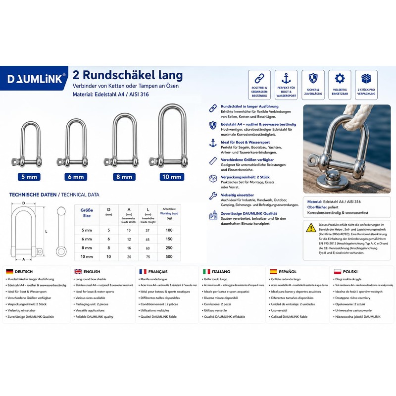 DAUMLINK Grillo rotondo lungo 10 mm, Acciaio inox A4 (AISI
