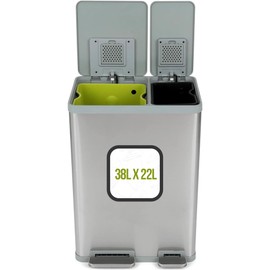 Simpli-Magic 60 Liter / 16 Gallon Rectangular Hands-Free Dual Compartment Recycling Kitchen Step Trash Can with Soft-Close Lid, Brushed Stainless Steel (38L x 22L Capacity)