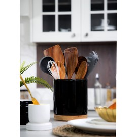 Nucookery 360° Rotating Utensil Holder, 7.2" Large Utensil Crock, White Ceramic Cooking Utensil Organizer with Countertop-Protection Cork Bottom for Farmhouse Kitchen Decor Gift (Black)