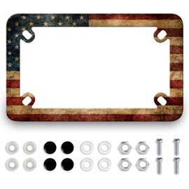 Motorcycle American Flag License Plate Frame Stainless Steel Metal 4 Holes Waterproof Vintage USA Flag Tag Holder Patriotic Motorcycle Accessory with Screws Nut Caps 7.7" x 4.5" for Bike Motorcycle