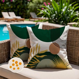 Jayusaror Outdoor Cushion Cover, 40 x 40 cm, Weatherproof Green Sofa Cushion Cover, Boho Modern Minimalist Geometric Tropical Leaves, Summer Cushion Covers for Sofa, Garden Decoration, Set of 2