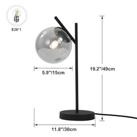 Fulesi Black Table Lamp Vintage Metal Desk Lamp Modern Nightstand Smoke Gray Glass Globe Table Lamp Nordic Bedside Table Lamp for Living Room Bedroom Office (H19.2)