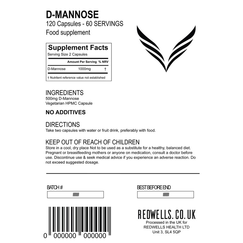 REDWELLS D Mannose Capsules - UTI Support - 1000mg Per