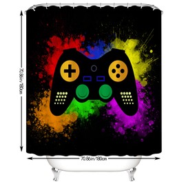 NORBEY 4 Pcs Cool Game Shower Curtain Set, Watercolor Controller Bath Curtain with Anti-Slip Mat Toilet Cover Carpet Set and 12 Hooks, Colourful Splash Ink Teen Boy Bathroom Decor Set 72 x 72 inch
