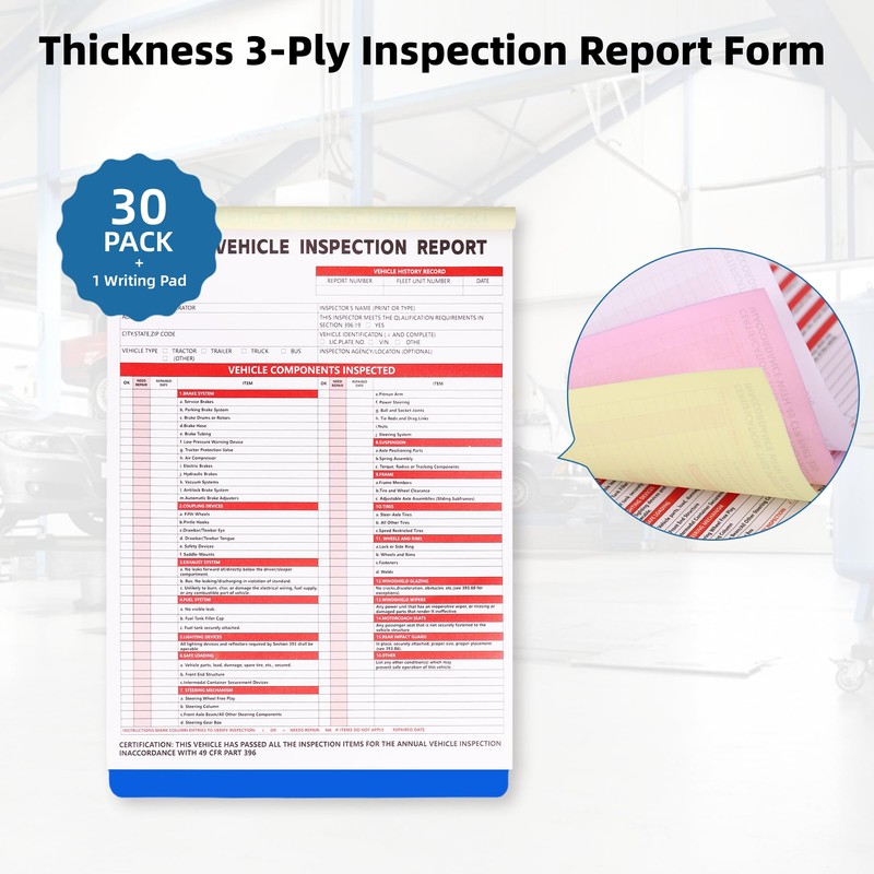 30-Pack Annual Vehicle Inspection Report Form, 3-Ply Carbonless Form and