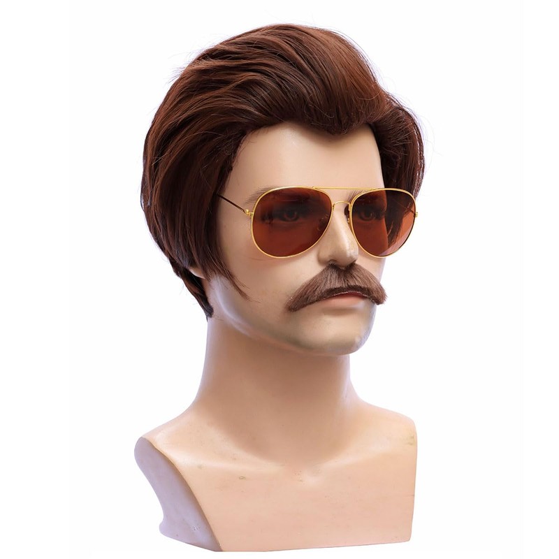 FantaLook Short Brown 70s Cosplay Wig with Sunglasses and Mustache
