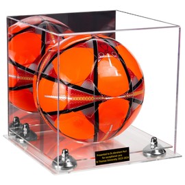 Better Display Cases Clear Acrylic Soccer Ball Display Case with Custom Name Plate, Mirror Case, Silver Risers and Clear Base (A027/B02)