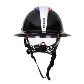 Saffas Carbon Fiber Full Brim Hard Hat Safety Helmet with Goggles and Leather Chin Strap 6-Point Suspension Adjustable Knob with Neck Protection (White)