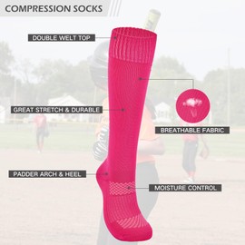 American Trends Girls Softball Socks with Stitches 3 Pairs Youth Athletic Socks for Soccer, Baseball, Softball, Football Rose Red XS