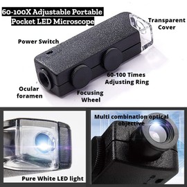 Pocket Microscope 60-100X Zoom Portable Zoom LED Illuminated Mini Magnifier