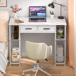 DAOUTIME White Computer Desk with Drawers, 37.3 Inch Home Office Work Desk with Storage Shelf, Kids Teens Study Table for Small Space, Small Writing PC Desk for Bedroom Makeup Vanity Desk