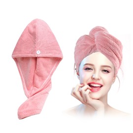Xkzhrr Hair Turban Towel, Pack of 2 Button Hair Turban, Turban Hair Drying Towel with Button, Head Scarf Towel for Long Hair, Super Absorbent, Quick Drying Microfibre Towel (Pink)