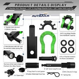 AUTMATCH Shackle Hitch Receiver 2" with 3/4" Mega D Ring Shackle and 5/8" Trailer Hitch Lock Pin, 68,000 Lbs Break Strength Heavy Duty Receiver Towing Kit for Off-Road Vehicle Recovery, Black & Green