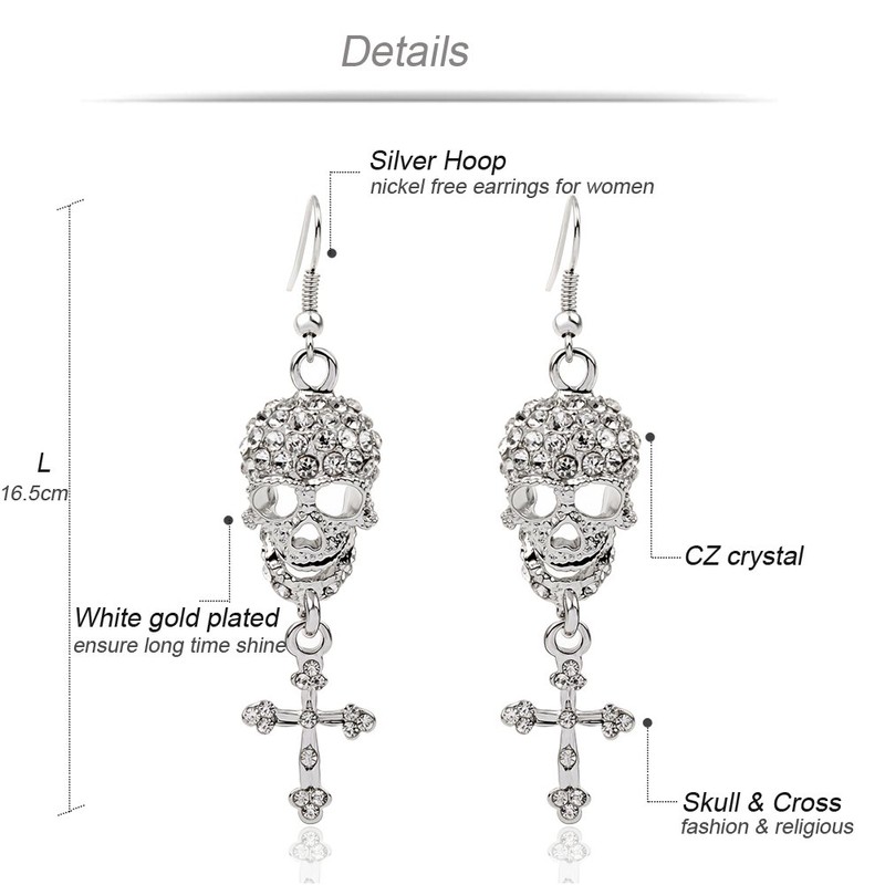 Silver Earrings Cool Gothic Punk Style Skull Cross Shaped With