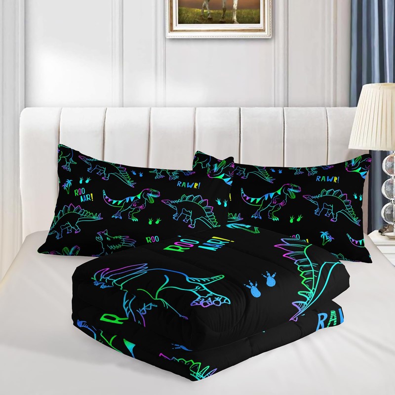 QOOMO Jurassic Dinosaur Kids Bedding Set, Black, Twin Size