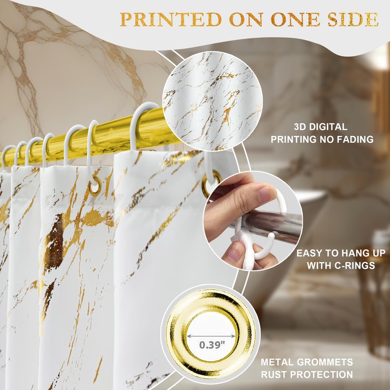 Glawry White Gold Marble Shower Curtain Abstract Crack Texture Geometric