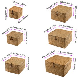 MOUYAT 6 PCS Wicker Storage Baskets with Lids, Handwoven Woven Storage Basket, Rectangular Wicker Storage Baskets for Storage Home Decor