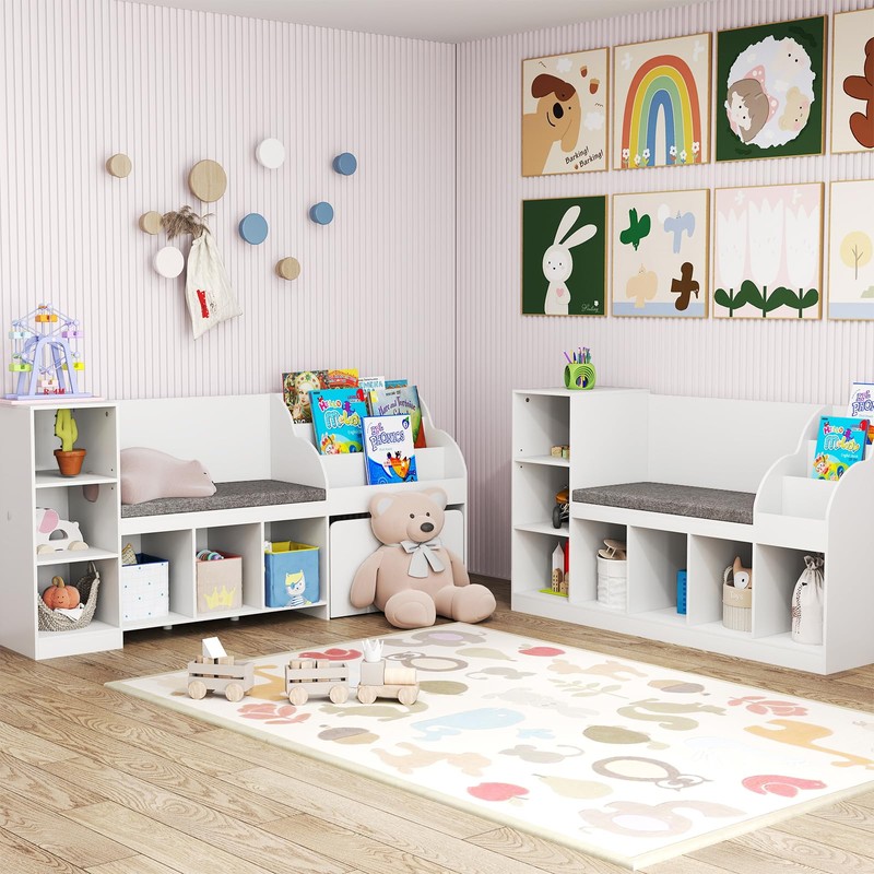 HONEY JOY 53.5" Kids Bookshelf with Reading Nook, Toy Storage