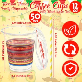 Jingmore 50 Pack 12 oz Fiesta Plastic Cups with Lids and Paper Straw Mexican Cup Clear Disposable Margarita Glasses Cinco De Mayo Party Decorations for Taco Hispanic Heritage Birthday Party Supplies