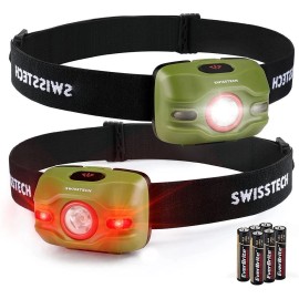 Swiss+Tech 1PK/2PK Headlamp Flashlight w/3 Modes Black/Green 300 Lumens Batteries Inclued - 2PACK 3AAA GREEN HEADLAMP