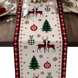 BSITSSS Christmas Elk Table Runner, Snowflake, Funny Christmas Doily, Christmas Table Runner, Red, Christmas Tablecloth Decoration, Indoor, Holiday Party Decor, 33 x 180 cm