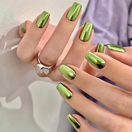 ANDGING Chrome Green Press on Nails Short Square Fake Nails with Designs Acrylic Classy Glossy Glue on Nails for Wedding Fantasy Gel Manicure Full Cover False Nails for Women Pressons Stick on Nails
