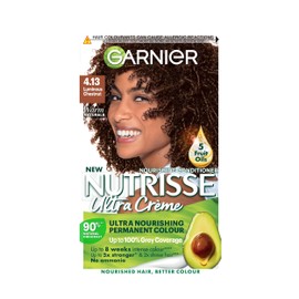 Garnier Nutrisse Creme Brown Hair Dye Permanent, Up to 100 percent Grey Hair Coverage, 90 percent Natural origin formula, No Ammonia, with 5 Fruit Oils, 4.13 Luminous Chestnut, 75 ml