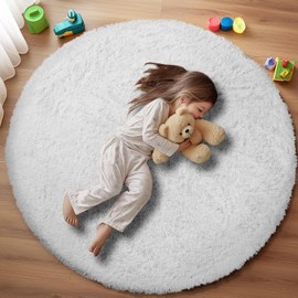 Puremy White Round Rug for Bedroom, 4x4 Fluffy Circle Area Rugs for Kids Room, Soft Shaggy Circular Carpet for Nursery Living Room, Non-Slip Home Decor Rug for Teen's Room