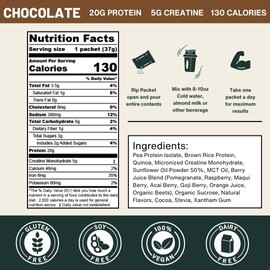 Nutrition On The Go Nutrition On The Go Chocolate Vegan Protein Powder with Creatine - 20g Protein, 5g Creatine - Single-Serve Packets for Travel, Gym, On-The-Go, Dairy-Free, Gluten-Free, All-Natural - (6-Pack)