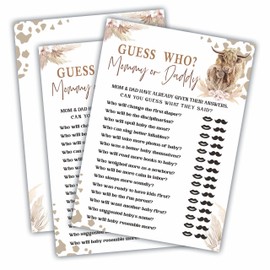 Guess Who? Mommy Or Daddy Game Cards For Baby Shower - Holy Cow! Western Ranch Theme - 30 Double-Sided Fill In Game Cards For Baby Shower, Gender Reveal Games, Party Favor, Decorations & Supplies-C06
