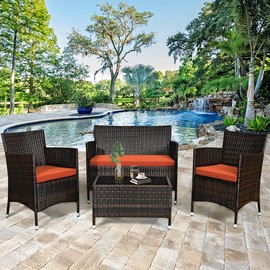 Goplus 4-Piece Rattan Patio Set, Outdoor/Indoor Wicker Conversation Set for Pool, Backyard, Lawn, Wicker Chairs and Sofa with Soft Cushion, Rattan Furniture with Tempered Glass Coffee Table