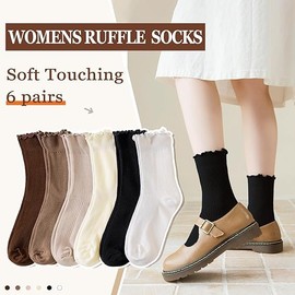 ZANZER (6 pairs) Womens Ruffle Crew Socks Cute Crew Cotton Turn-Cuff Socks Soft Kint Teen Girls Lettuce Frilly Socks