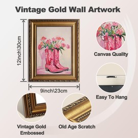 ASTRDECOR Coastal Cowgirl Boots Wall Art, Framed Pink Cowboy Boots with Flower Painting, Vintage Western Country Aesthetic Canvas Prints for Teen Girls Bedroom, Dorm, Living Room Decor, Room Art