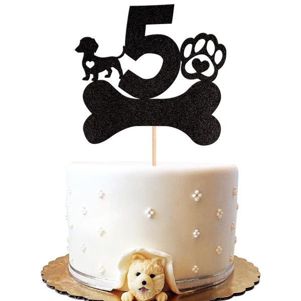 1 decoración para tartas de quinto cumpleaños con purpurina negra, pata de perro de cinco años de edad, cumpleaños, cachorro, hueso, para despedidas de bebé, niños y niñas, suministros de decoración de tartas para fiestas de 5º cumpleaños