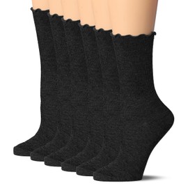 Tipi Toe Womens 6 Pairs Black Crew Length Turn-Cuff Solid Lettuce Edge Lace Ruffle Socks, 1126-B-6