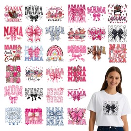 Falueqg Dtf Transfers Ready to Press - 30Pcs Mother's Day Iron on Transfers for Tshirts, Mama Bow Iron on Decals Patches, Pink Coquettee Heat Transfer Stickers for Clothes Pillows Bag DIY Crafts