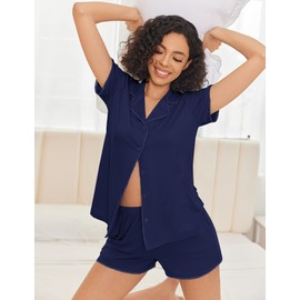 Ekouaer Pajamas Set for Women Classic Short Sleeve PJ Sets Button Down Lounge Sets Comfy Sleepwear Navy Blue XL