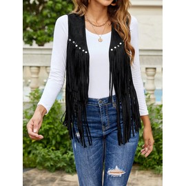SANSIWU Women Tassel Vest 70s Hippie Faux Suede Rivets Sleeveless Fringe Waistcoat Boho Western Jacket Cardigan (A-Black, L)
