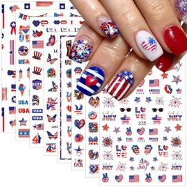 8 Sheets 4th of July Nail Art Stickers Independence Day Decals 3D Self-Adhesive Nail Design USA Flag Heart Letters Fireworks Star Nail Supplies Fireworks 4th of July Nails Stickers for Women Girls DIY
