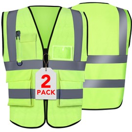 XPCARE 2-Pack Reflective Safety Vest For Women Men, Green High Visibility Security Vest Pockets and Zipper Front Neon Green Color(Medium)